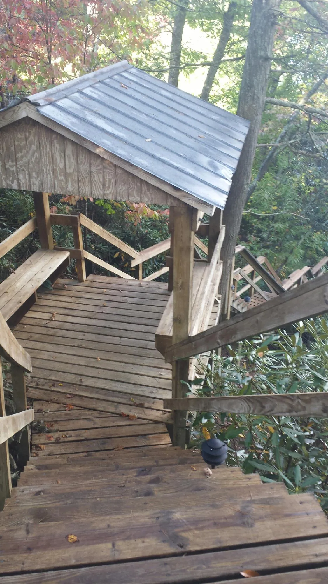 Metal roofed shelter over wooden steps on a wooded walkway — Skylight Repair & Installation work by our crew in Pine Island